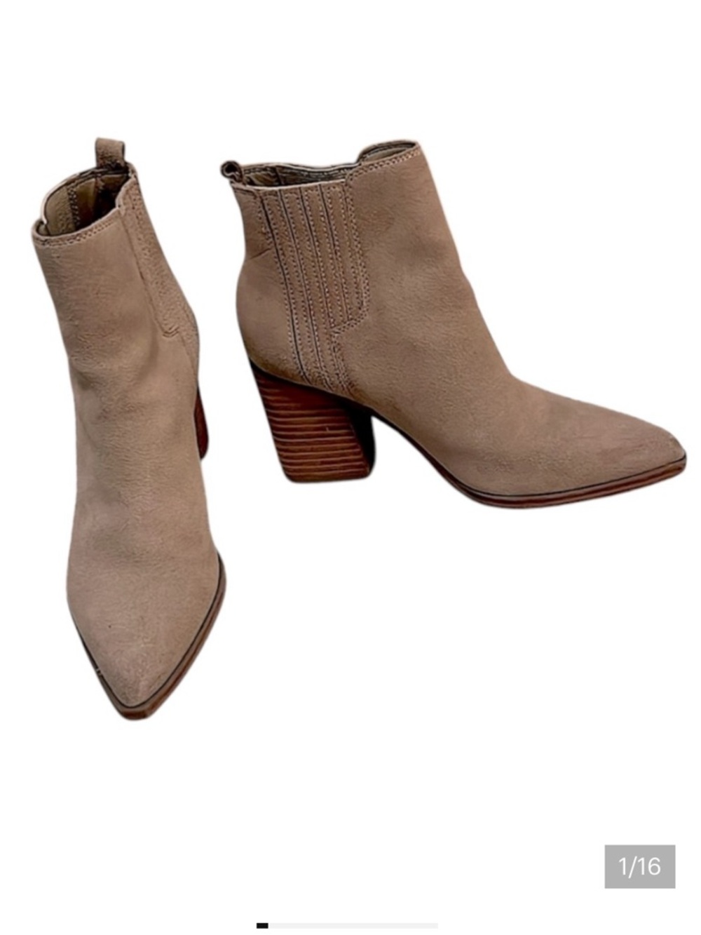 Marc Fisher Woman’s Beige Tan Neutral Suede Like Pointy Oshay Ankle Booties 6.5